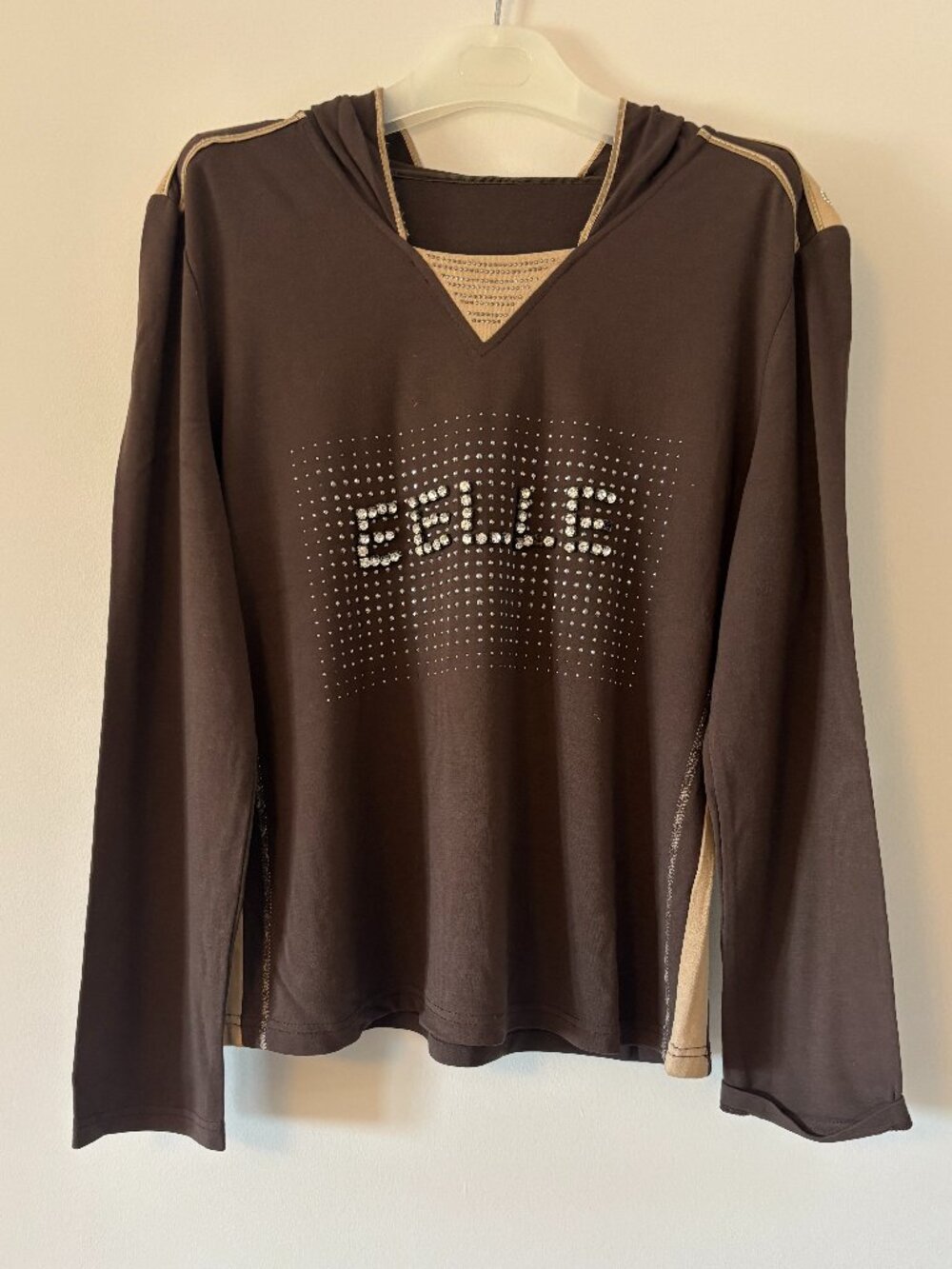 Brown Bedazzled Hoodie Vintage Long Sleeve Top Sweater